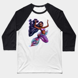 mermaid with flowing braids 4, brown eyes curly Afro hair and caramel brown skin. Black mermaid Baseball T-Shirt